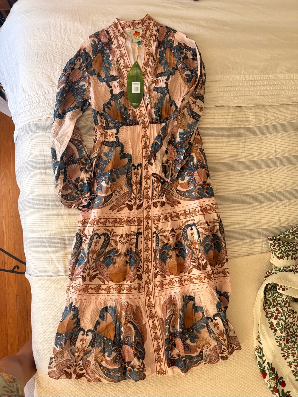 FARM Rio Pink Paisley Floral Long Sleeve Midi Dress with Blue and Tan Accents - Picture 2 of 4